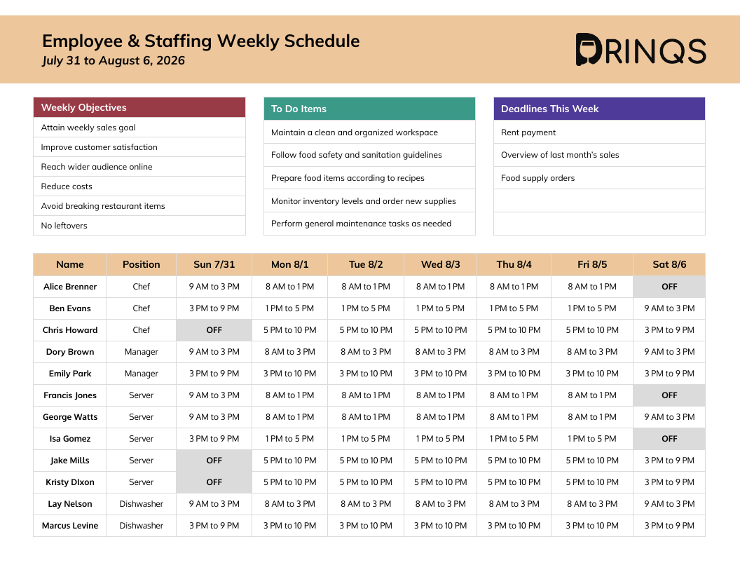 Restaurant Schedule Template